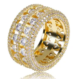 Dubbla rader Hip Hop Shining 18k äkta guldpläterade Cubic Zircon Diamond Finger Ring Smycken