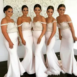 Long Mermaid Bridesmaid Dresses Off Shoulder Lace Appliques Country Sweep Train Satin Wedding Guest Dress Plus Size Maid Of Honor Gowns