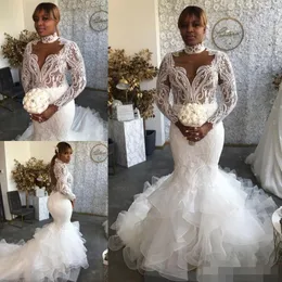 Size Plus Mermaid Weddig Dresses High Collar Lace Applique Tiered Skirt Sexy Backless Pluning Custom Long Sleeves Wedding Bridal Gown