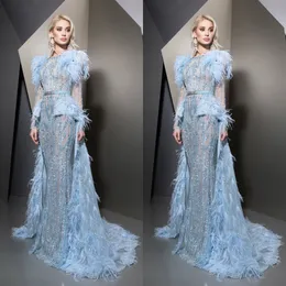 Ziad Nakad 2019 Feather Evening Dresses Long Sleeves Lace Appliques Prom Gowns Jewel Detachable Train Beaded Sequins Luxurious Party Dresses