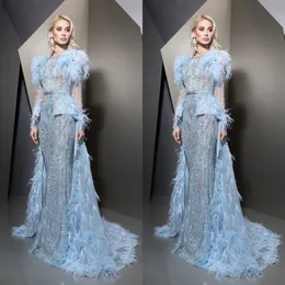 Ziad Nakad 2019 Feather Evening Dresses Long Sleeves Lace Appliques Prom Gowns Jewel Detachable Train Beaded Sequins Luxurious Party Dresses