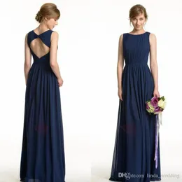 2019 New Cheap Navy Blue Boho Formal Bridesmaid Dress Elegant Crew Neck Chiffon Long Backless Ruffles Flow Maid of Honor Gown Plus Size