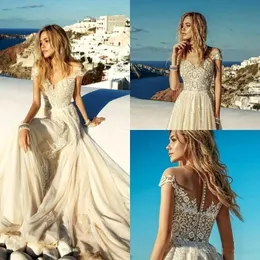 Vestidos de casamento de champanhe de luz de verão 2022 BOHO Beach Chiffon Lace A Line Appliques Long Bridal Vestidos Robe de Mariee