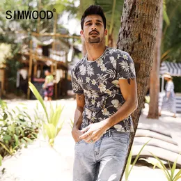Simwood 2019夏Tシャツメンズスリムフィット100％純綿プリントカール裾新ファッション花ブランド服プラスサイズTD017087