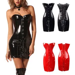 Donne in pelle PU Corsetto abito sexy gotico Shiny Pvc in pelle Bustier bustier top pizzo da club corselet nero/rosso