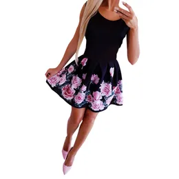 Sommarklänning Kvinnor Sommar Fashion Dress Sexig Round-Necked Rose Printed Vestidos de Fiesta de noche