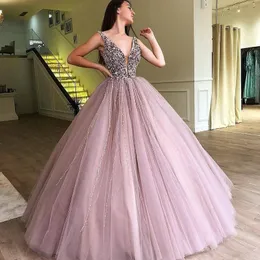 2019 Luxury Fashion Prom Dresses Sexy Deep V Neck Beads Crystal Girls Pageant Dresses Floor Length Tulle Tiered Skirts Evening Dresses