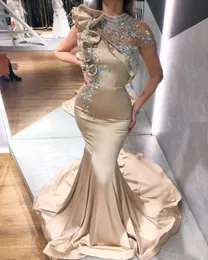 2020 árabe aso ebi champanhe sexy luxuoso noite cristais de miçangas vestidos de banheiro