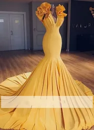 Elegante Amarelo Longo Sereia Vestidos de Noite Decote Em V Ruffles Trem Tribunal Formal Vestido de Baile Ocasião Especial robes de soirée vestidos de noche