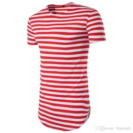 Män Striped Curve Hem T-shirt Utökad Longline Hipster T-shirt Fashion Street Wear Strip Hip Hop T-shirt för män