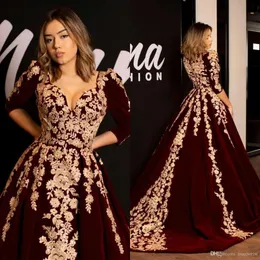Arabski Dubaj Abaya Burgundy Velvet Prom Dresses Caftan V Neck Połowa Rękaw Złoto Luksusowe Koronki Aplikacja Suknie Wieczór Nosić Formalna sukienka