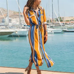 Summer Beach Chiffon Long Dress Women Striped Shirt Dress 2019 Casual A-line Long Sleeve Midi Holiday Party Dresses Vestidos Y19050805