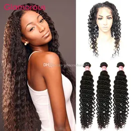 Glamorous Peruvian Deep Wave 360 Chiusura frontale in pizzo con capelli umani 3 pacchi di capelli malesi indiani brasiliani con chiusura in pizzo 360