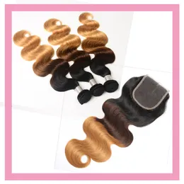 Mongoliskt jungfruhår 1B 4 27 Body Wave Human Hair Extensions 3 Bunds med 4x4 spetsstängning Middle Three Free Part 1B/4/27