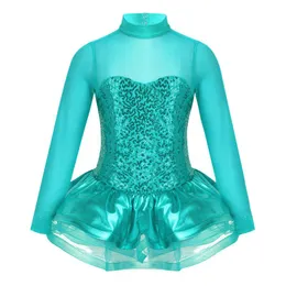 Crianças meninas lantejoulas brilhantes tule emenda fechadura volta figura patinação no gelo patinação bailarina ballet dança collant tutu dress241j