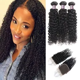 Brasiliansk kinky Curly Wave Mänskliga hårbuntar med stängning Peruanska Virgin Hair Extensions 8-28In Naturlig färg Ishow Hårväv för kvinnor alla åldrar