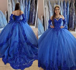 Arabic Royal Blue Princess Quinceanera Dresses 2020 Lace Applique Beaded Sweetheart Prom Dresses Lace-up Back Sweet 16 Party Dresses
