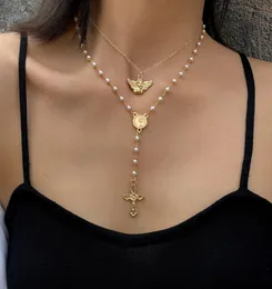 Мода ретро жемчужный ангел крест геометрическое ожерелье для женщин золотой серебряный цвет длинный цепной воротник бого слоистый колье ожерелье