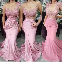 Moda Blush Pink Lace Satin Mermaid Prom Dresses Manica lunga Applique in pizzo Abiti da festa formale Abiti da sera Vestidos de fiesta ogstuff