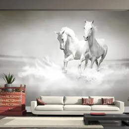 カスタムサイズモダンアート3Dランニングホワイトホース写真壁画寝室のリビングルームオフィス背景背景不織布ウォールペーパー