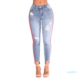 fashion-Women High Waist Stretchy Ripped Hole Pencil Jeans Ladies Casual Washed Jeans Striped Webbing Feet Pants Denim Trousers