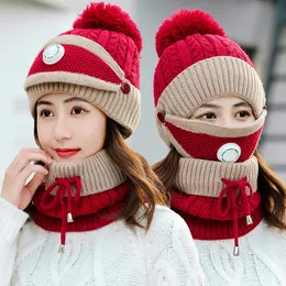 帽子のスカーフセット3PC/セット冬の帽子とスカーフマスク通気性ベルベット厚い温かい風の襟の女性女性帽子スカーフデザイナーハットとスカーフセット