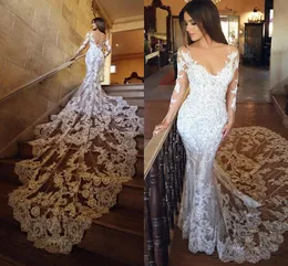 Amazing Chapel Train Lace Bröllopsklänningar Mermaid 2020 Poet Långärmade Sexiga Öppna Tillbaka Deep V-Neck Applique Luxury Bridal Dress Gowns