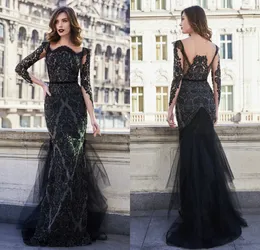 2021 Elegancki Syrenka Suknie Wieczorowe Długie Rękawy Koronkowe Aplikacje Koraliki Prom Suknia Custom Made Sweep Pociąg Specjalna okazja Dress