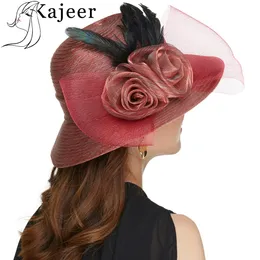 Kajeer Gauze Feather Fedora Hat Elegant Princess Felt Brim Hattar Bowknot Bowler Caps Sun Ladies Hat Cap