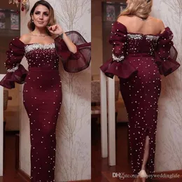 Burgundy Sheath Prom Dress 2020 Off Shoulder Pearls Back Slit Ankle Length Formal Party Gowns Evening Dress abiti da sera Real Picture