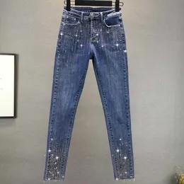 plus storlek 4xl! mode diamant fötter jeans kvinnor vår höst hög midja varm borrning mager blyerts jeans
