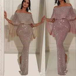 Tanie Nowe Sexy Bling Long Cekiny Koronki Prom Dresses Mermaid Off Ramię Ruffles Powrót Split Party Dress Plus Size Formalne Suknie Wieczorowe Nosić