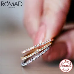 Romad 925スターリングシルバーリング細い線マイクロパブCZ永遠の結婚式のリング4色積み重ね可能ジルコンクリスタルフィンガーBNADS