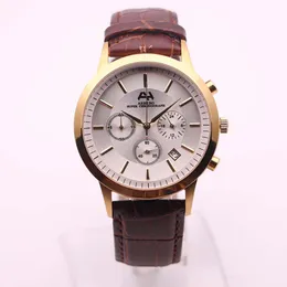 Hot sale AEHIBO Quartz Battery Index Hour Markers Gold Case Mens Watch Watches 43MM White Dial Chronograph Hardlex Wristwatches Leather Band