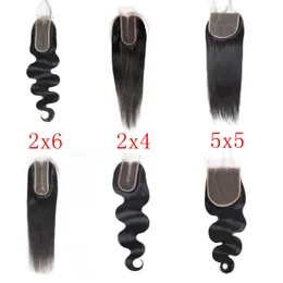 Brasiliansk indisk Virgin Human Hair 2x6 Lace Closure med Baby Hair 6x6 Stängning 5x5 Rak Body Wave 12-22INCH