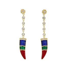 bohemian summer rainbow enamel horn flower long chain drop earring for girls women CZ beautiful tassel nice jewelry in gold gift