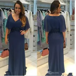 Langes marineblaues Brautkleid für die Brautmutter, V-Ausschnitt, bodenlang, Chiffon, formelles Abendkleid für Damen mit Umhang, Übergröße 2019