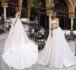Elegant Plus Storlek En Linje Bröllopsklänningar Sheer Neck Lace Applique Långärmade Sweep Train Wedding Dress Bridal Gowns Vestidos de Noiva