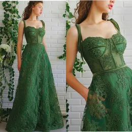 Green Evening Dresses Spaghetti Strap Sleeveless Applique Lace Sweep Train Party Wear Cheap Backless Custom Made Formal Women Gown Hot Sell