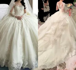 Dubai Arabisch 2020 Langarm Ballkleid Brautkleider Sheer Jewel Neck Spitze Applizierte Brautkleider Kapelle Zug Vestidos De Novia AL4879
