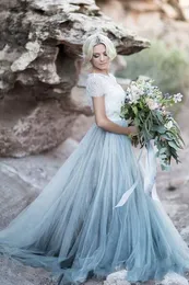 2019 Fairy Beach Boho Lace Bröllopsklänningar High-neck En linje Soft Tulle Cap Sleeves Backless Light Blue Kjolar Bohemian Bridal Gown 447