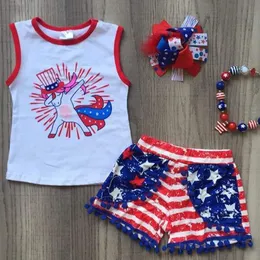 Fjärde juli Barnflickor Sätter Barntecknad Unicorn Tryckta Top + Shorts 2PCS Outfits Independence Day Toddler Kids Kläder