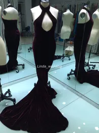 2019 Gerçek Fotoğraflar Güzel Bordo Kadife Uzun Balo Elbise Yeni Geliş Halter Boyun Backless Parti Kıyafeti Custom Made Artı Boyutu