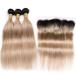 #1B/27 Honey Blonde Ombre Straight Indian Human Hair Wefts with Frontal 3Bundles Ombre Light Brown Human Hair Weaves with Lace Frontal 13x4
