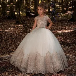 Blomma flicka klänningar pärlstav bälte kappa spets applique golv längd prinsessa elegant bröllop pagant helig kommunion dresse
