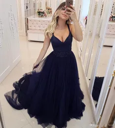 Dubai Aarbic Navy Blue Plus Size A Line Evening Dresses Spaghetti Straps Beaded Sequined Prom Dress Formal Dress Evening Gowns AbendKleider