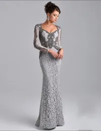 2020 New Formal Silver Mermaid Mother Of The Bride Dresses Sweetheart Long Sleeves Lace Crystal Beading Plus Size Party Dress Evening Gowns