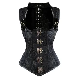 Women Plus Size Steel Boned Double Buckle Jacquard Halter Straps Lace Up Corset Vest Fashion Steampunk Corselet Top Shapewear S-6XL Black