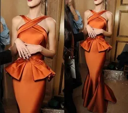 2018 Unique Orange Mermaid Evening Dresses Ruched Satin Cross Neck Women Long Formal Party Gowns Cheap Arabic Prom Dress