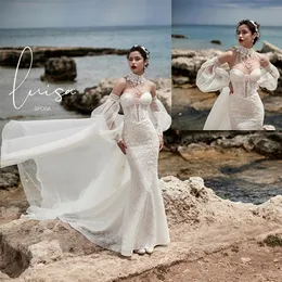 2020 Mermaid Wedding Dresses Sweetheart Appliqued Beaded Bridal Dress Ruffle Sweep Train Vestidos De Novia With Detachable Sleeves And Neck
